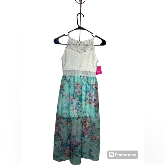 Amy Byer Girls‎ Floral Print w/ Lace Detail Midi Dress Size 7 Turquoise NWT! - Picture 1 of 5